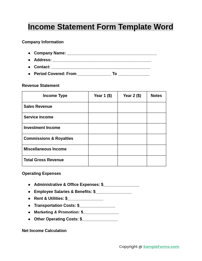 income statement form template word