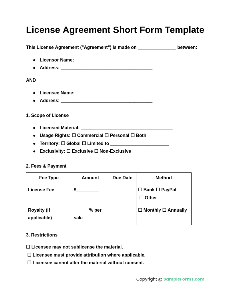 license agreement short form template