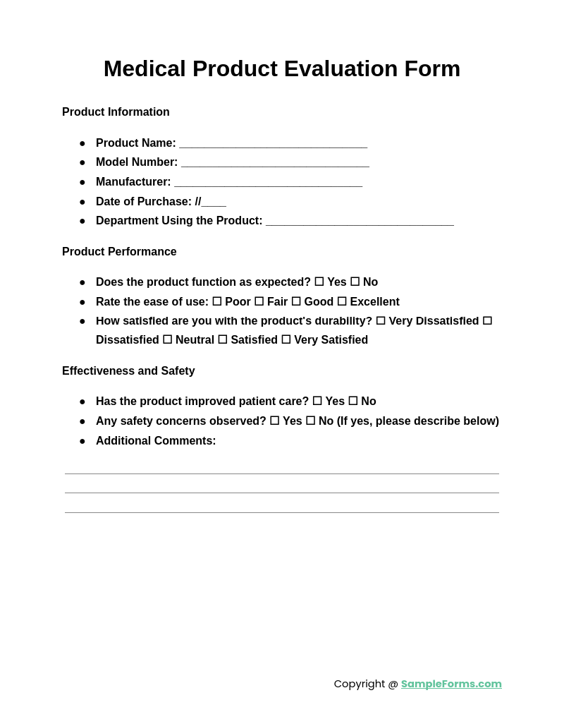 medical product evaluation form