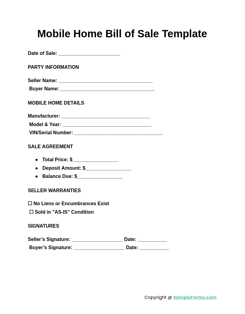 mobile home bill of sale template