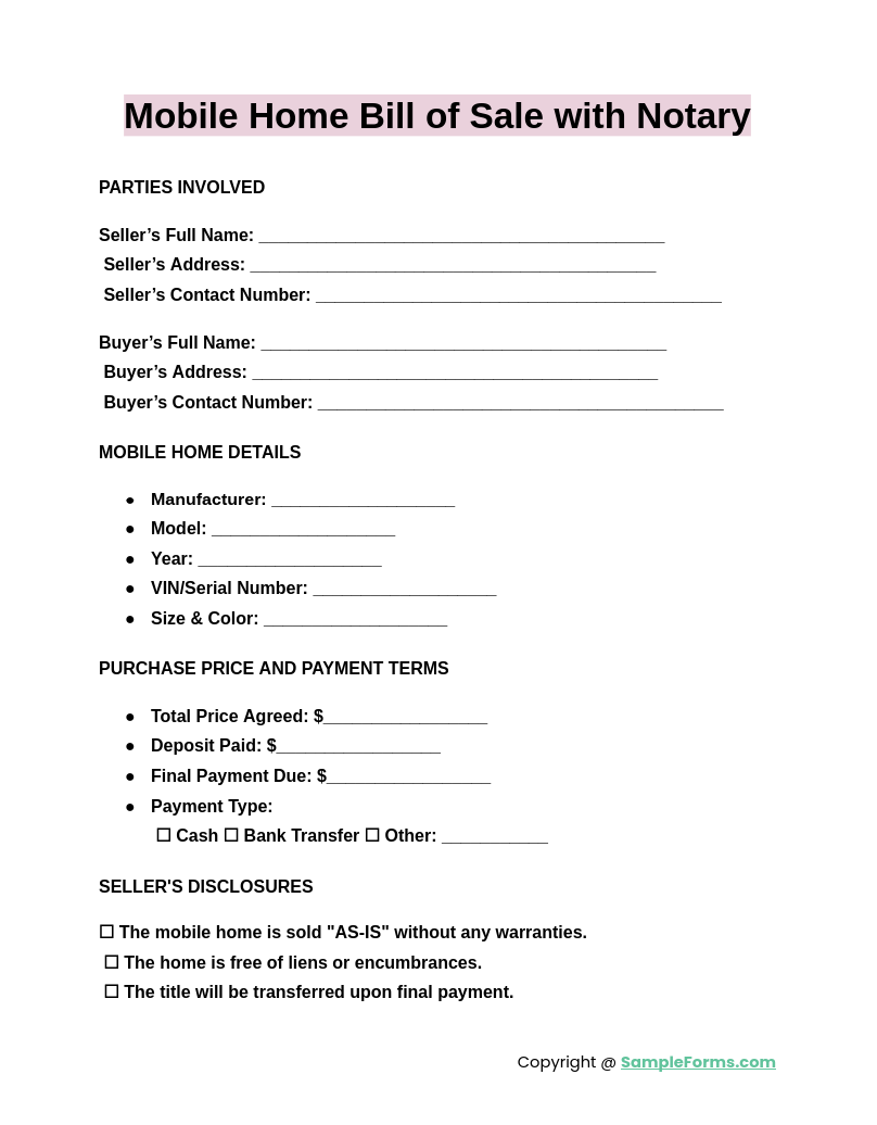 mobile home bill of sale with notary