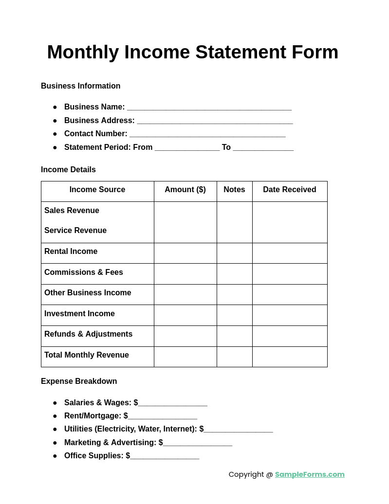 monthly income statement form