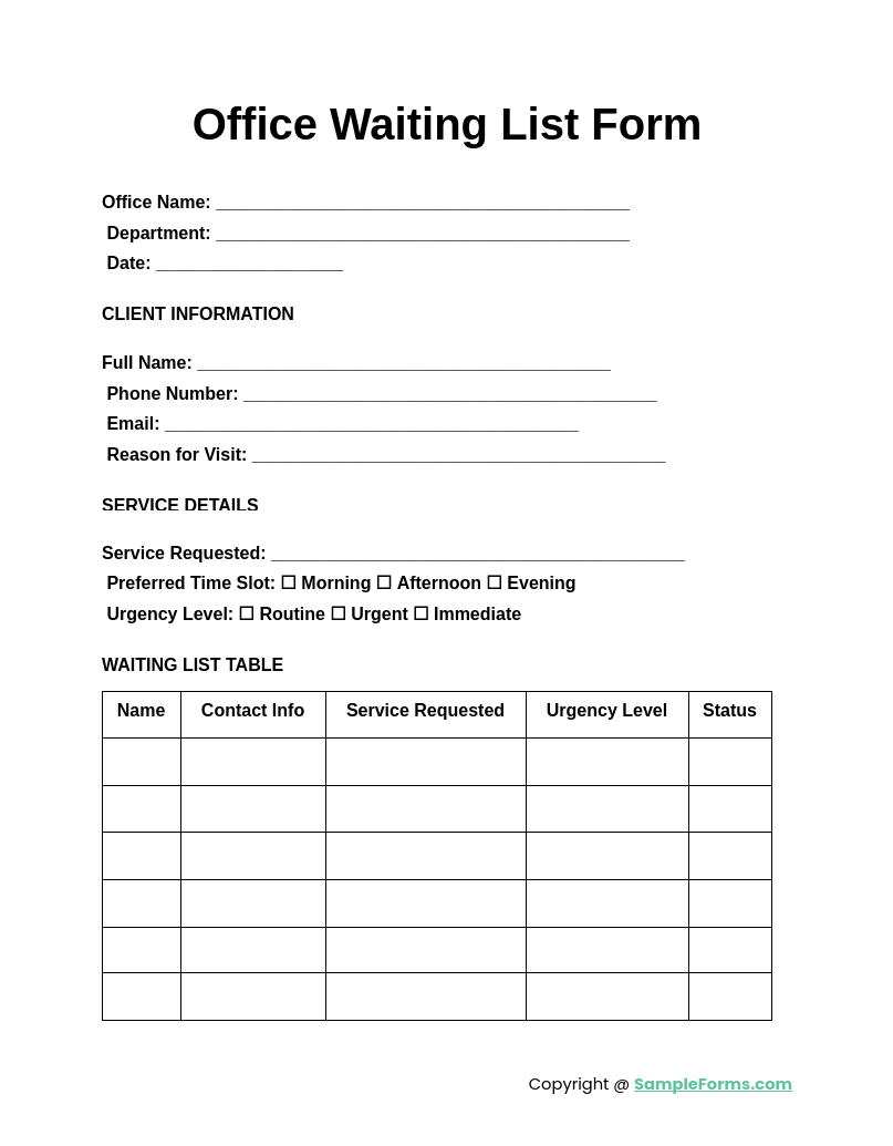 office waiting list form