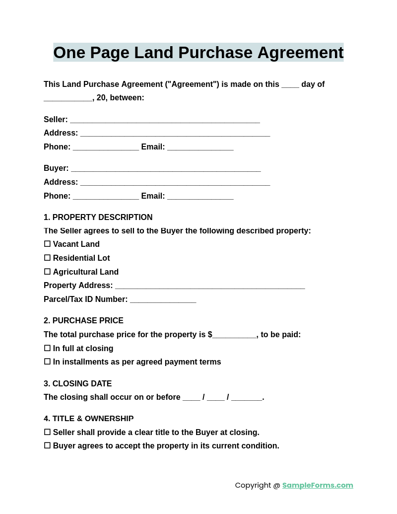 one page land purchase agreement