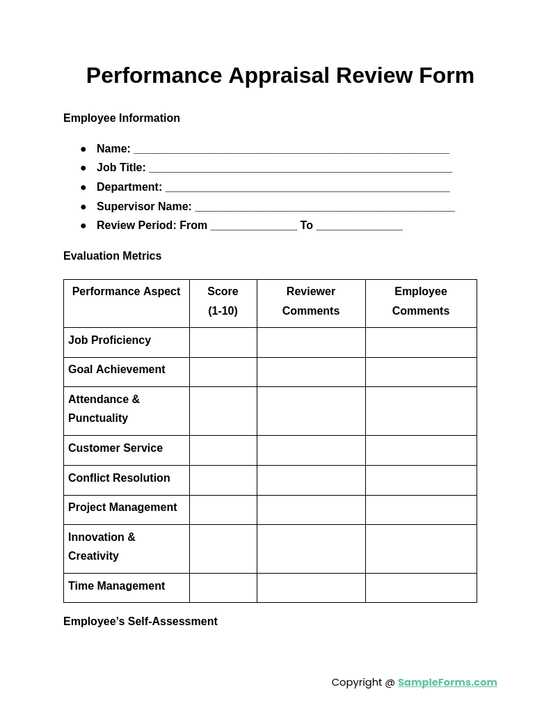 performance appraisal review form