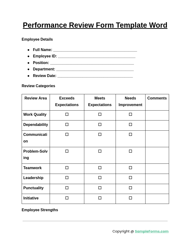 performance review form template word