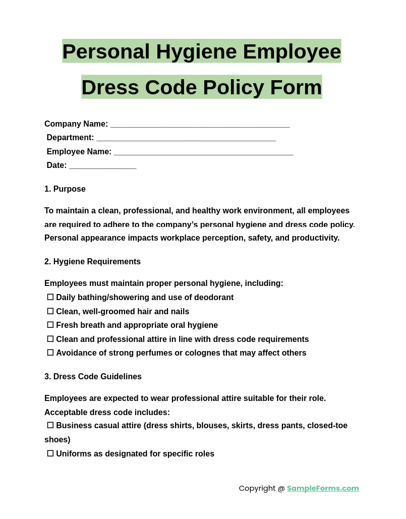 personal hygiene employee dress code policy form