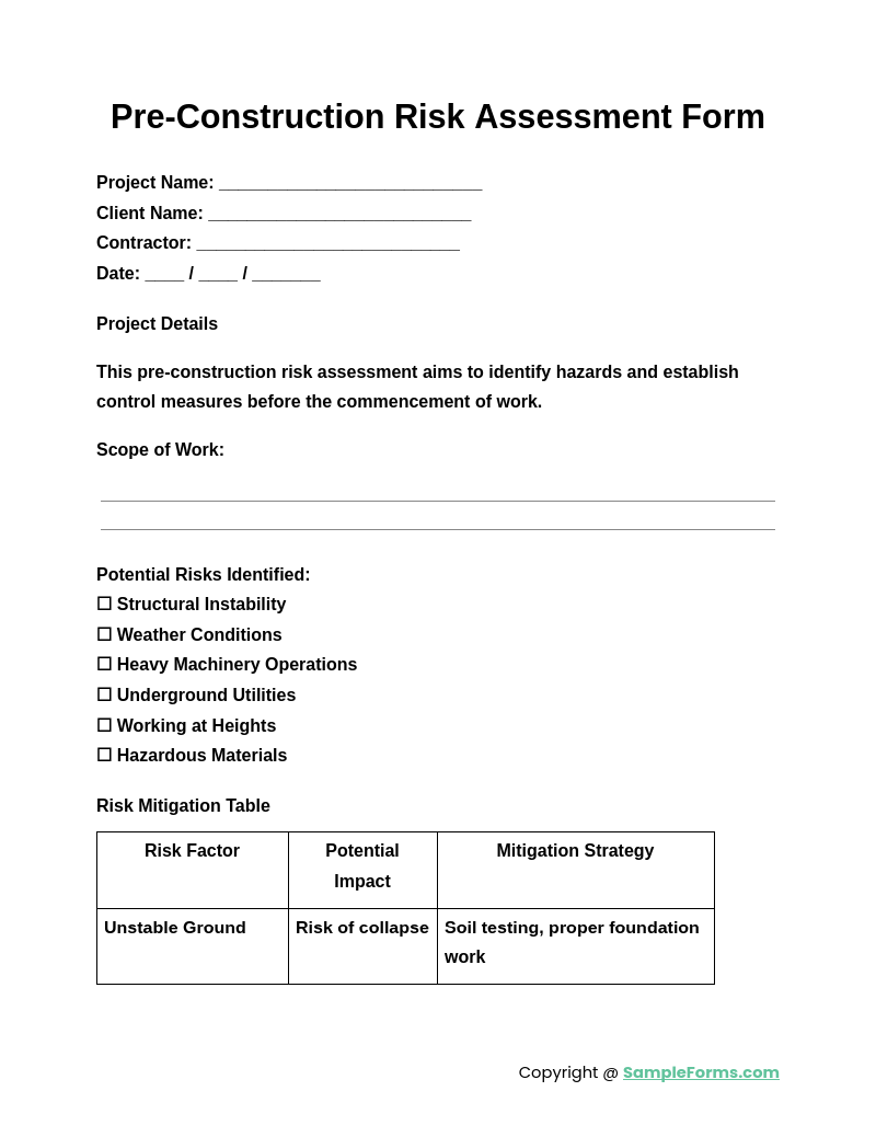 pre construction risk assessment form