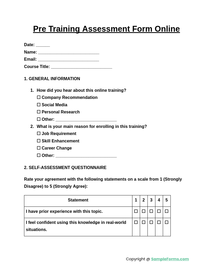 pre training assessment form online