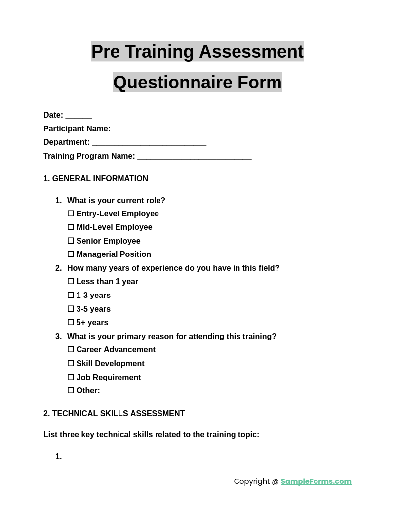 pre training assessment questionnaire form