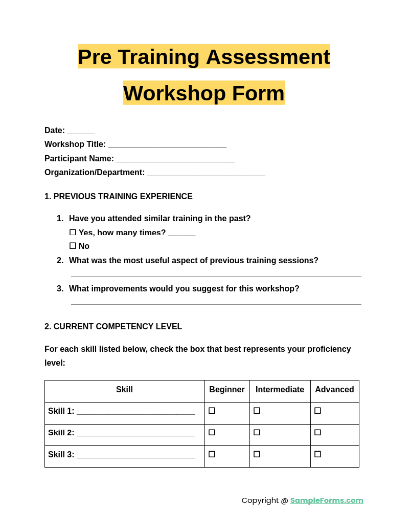 pre training assessment workshop form