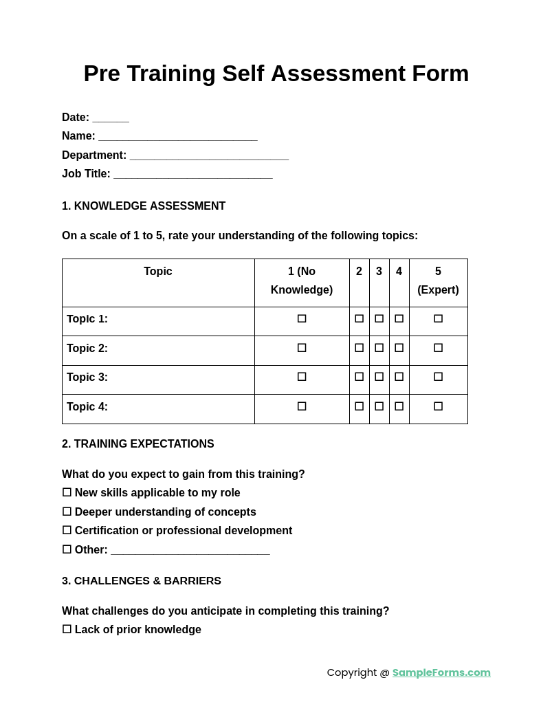 pre training self assessment form