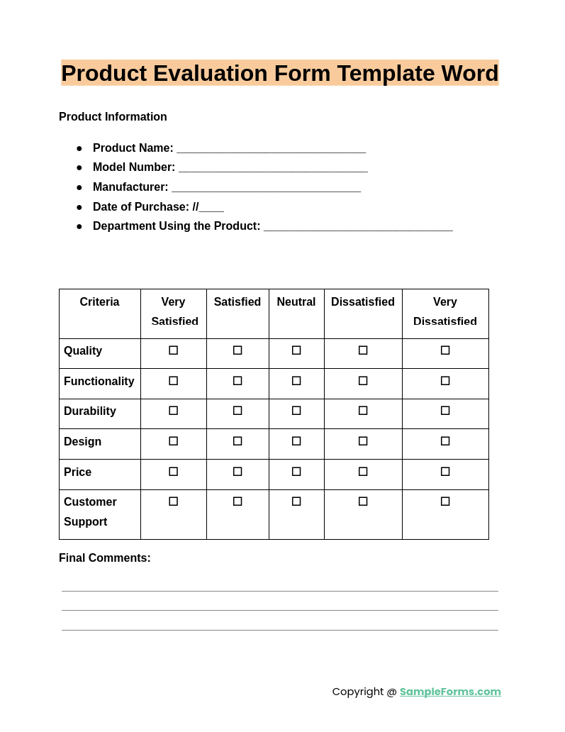 product evaluation form template word