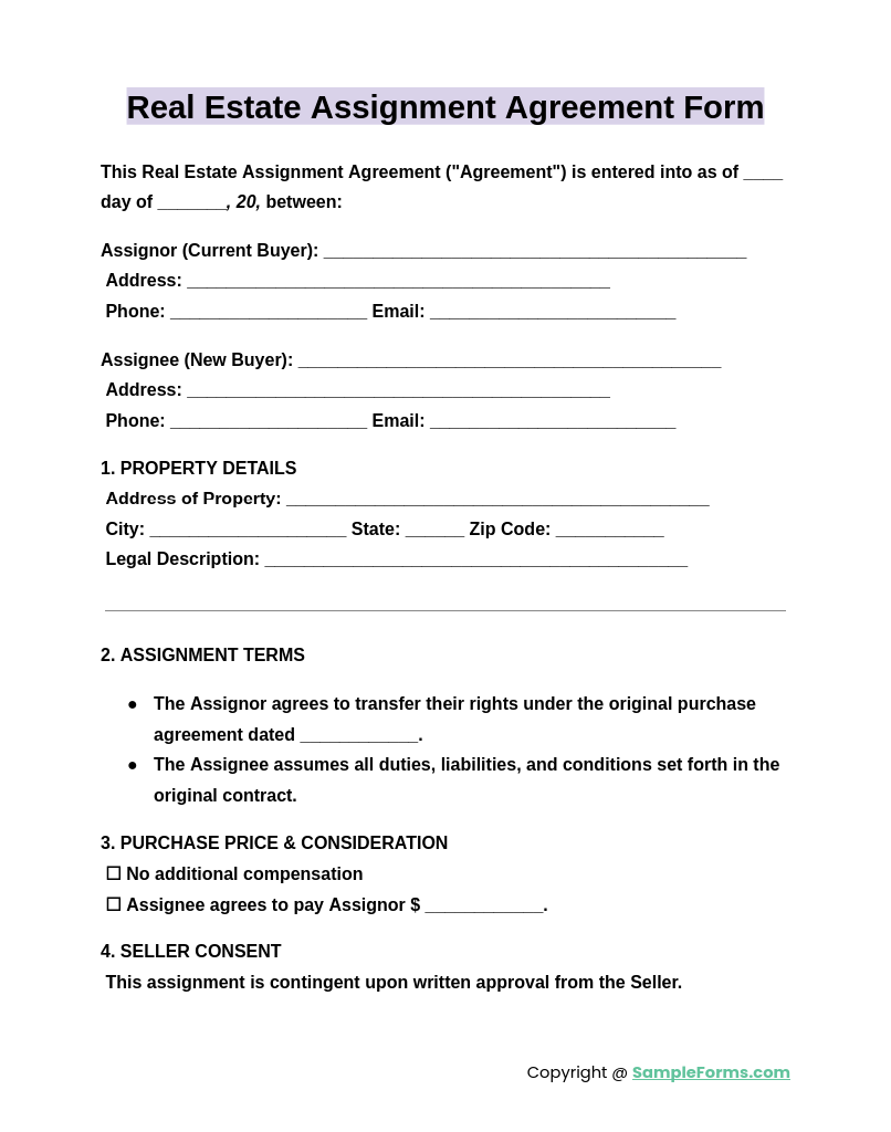 real estate assignment agreement form