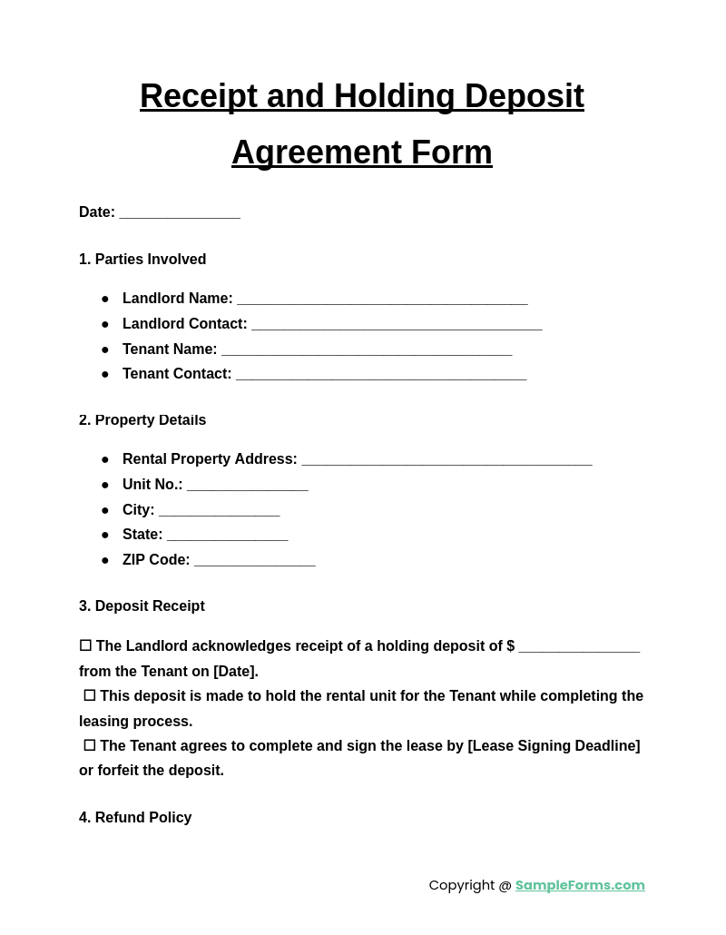 receipt and holding deposit agreement form