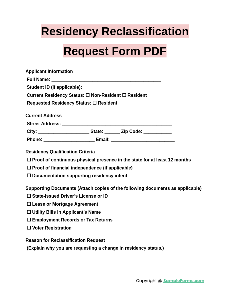 residency reclassification request form pdf