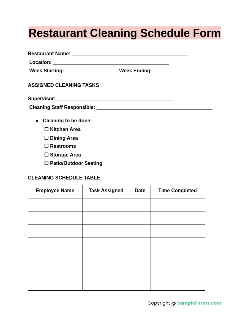 restaurant cleaning schedule form