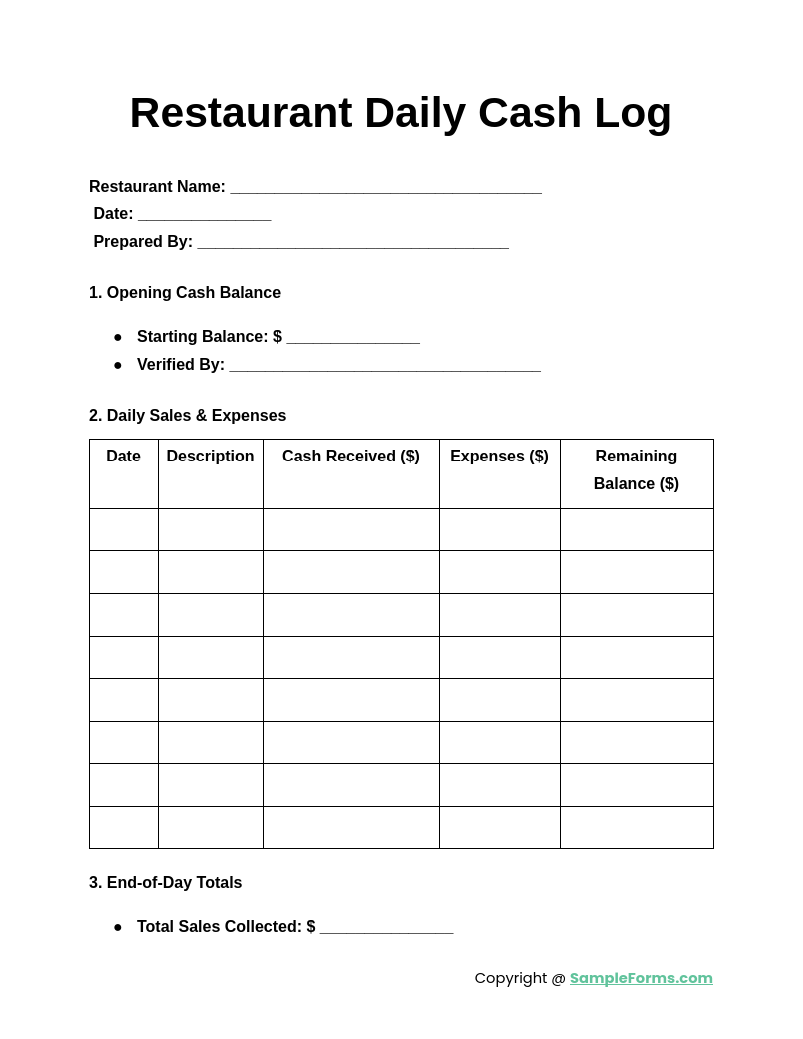 restaurant daily cash log