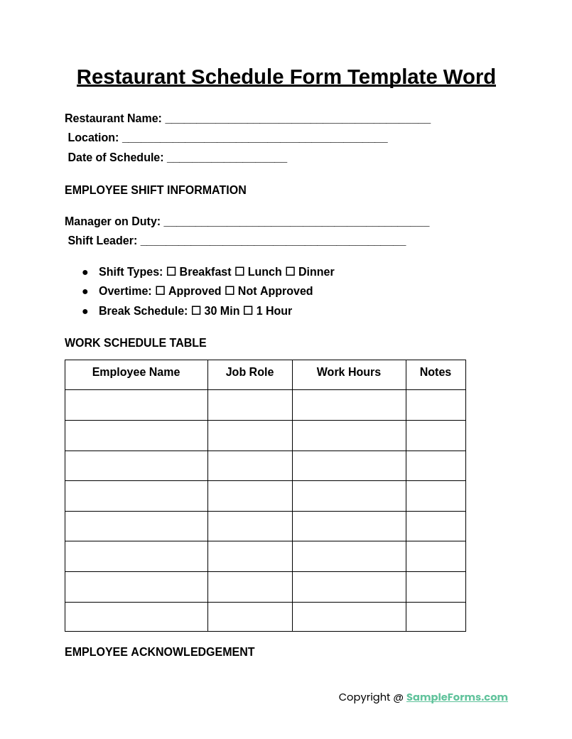 restaurant schedule form template word