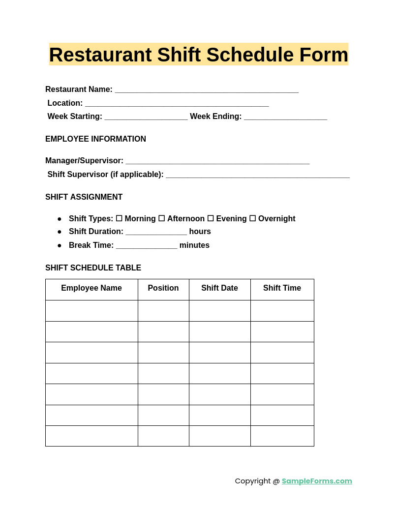 restaurant shift schedule form