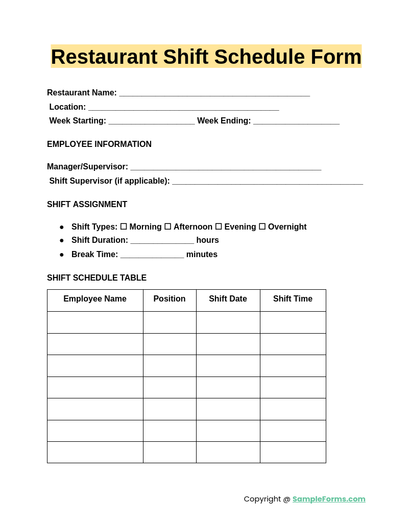 FREE 10+ Restaurant Schedule Form Samples, PDF, MS Word, Google Docs, Excel
