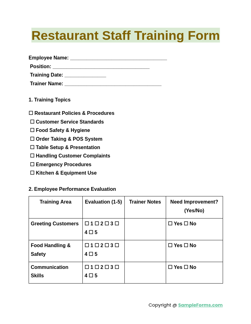 restaurant staff training form