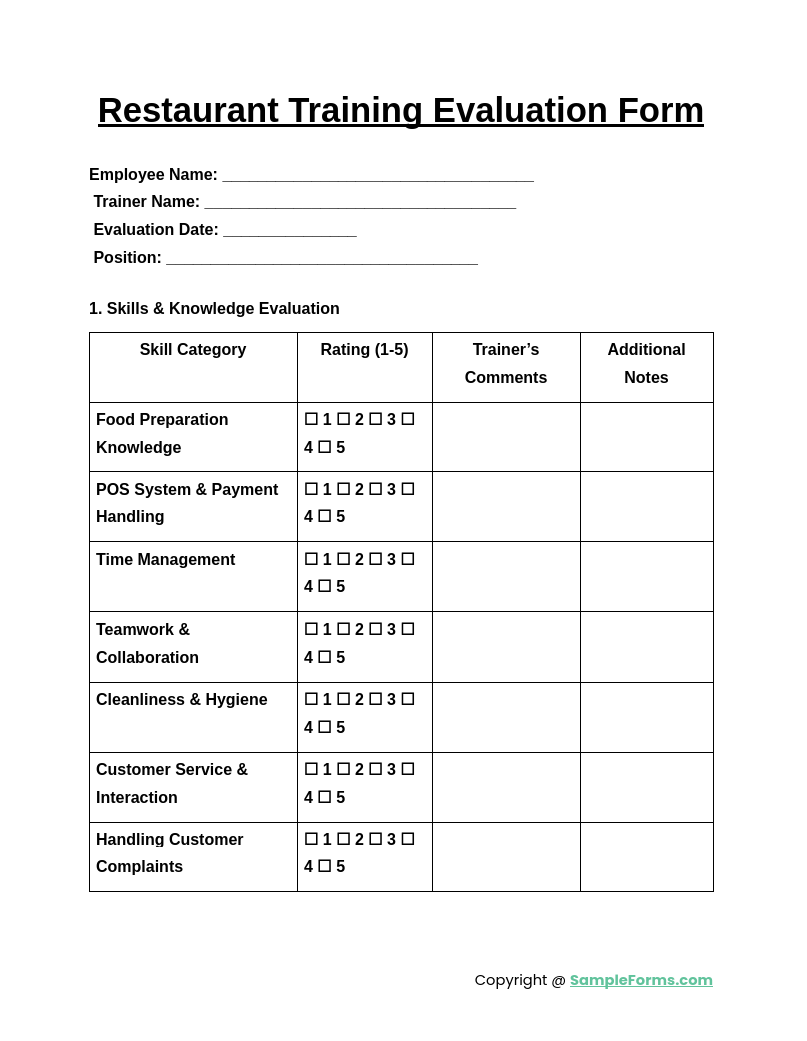 restaurant training evaluation form