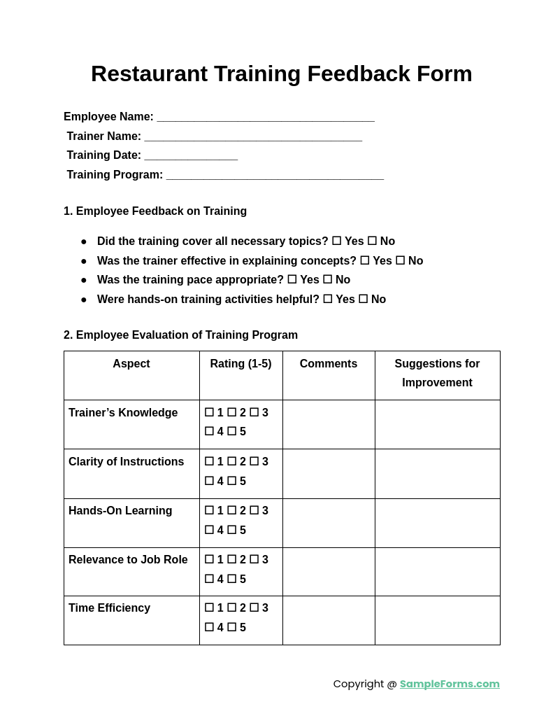 restaurant training feedback form