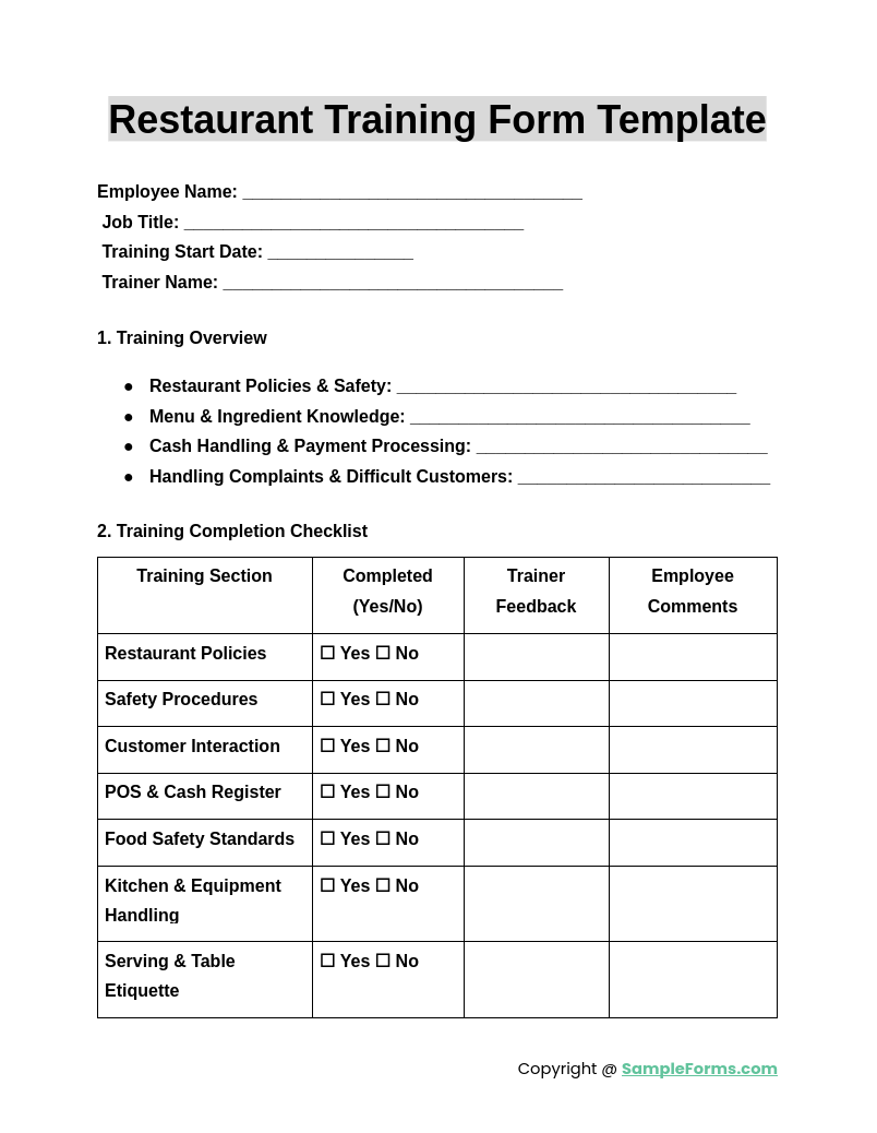 restaurant training form template