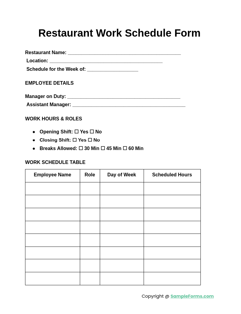 restaurant work schedule form