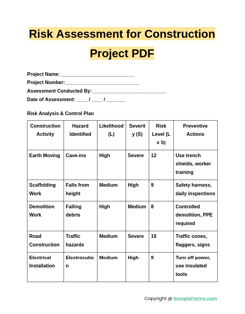 risk assessment for construction project pdf