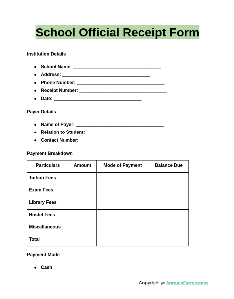 school official receipt form