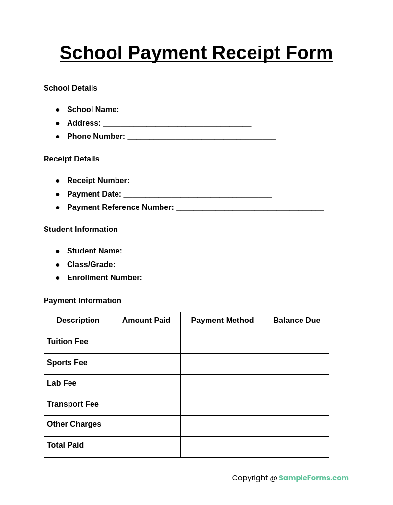 school payment receipt form