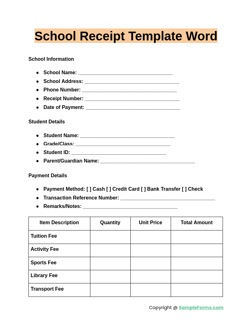 school receipt template word