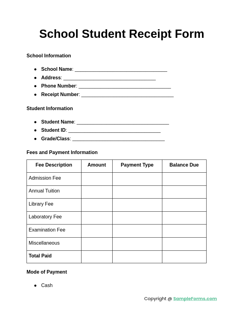 school student receipt form