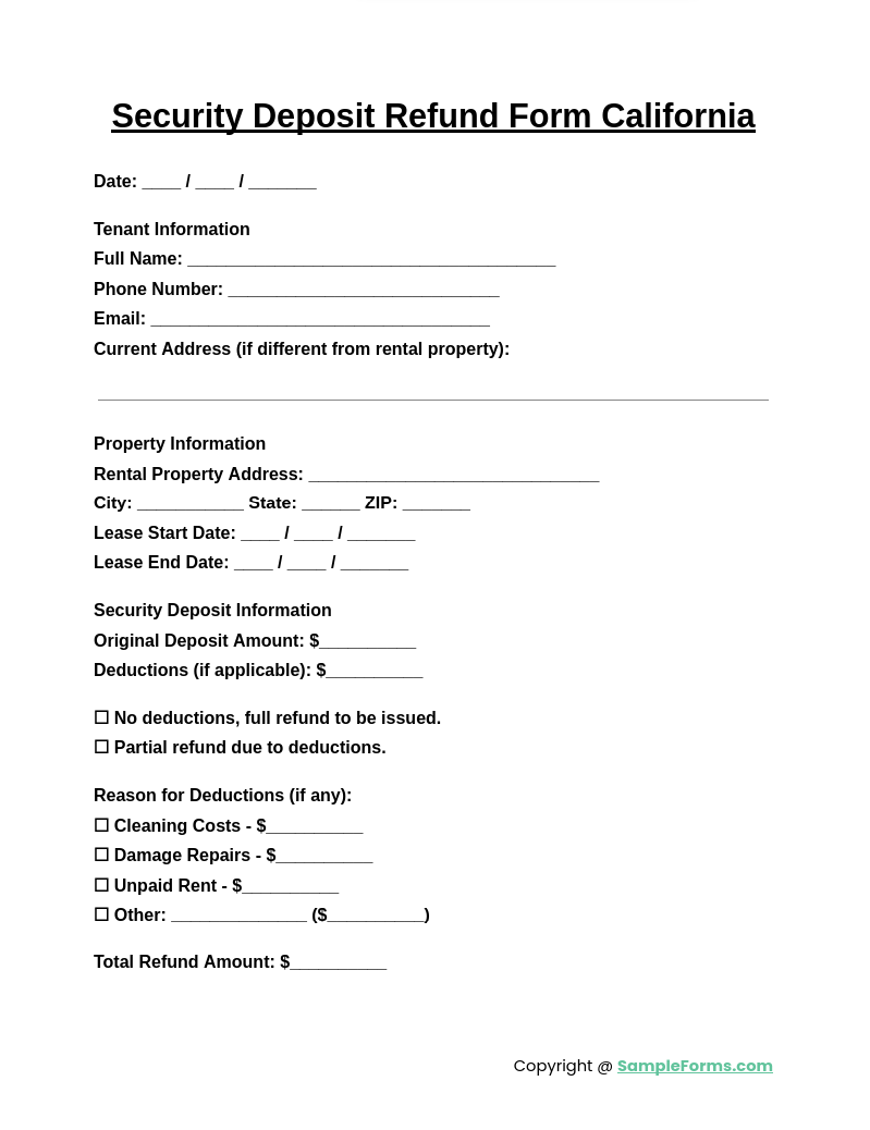 security deposit refund form california