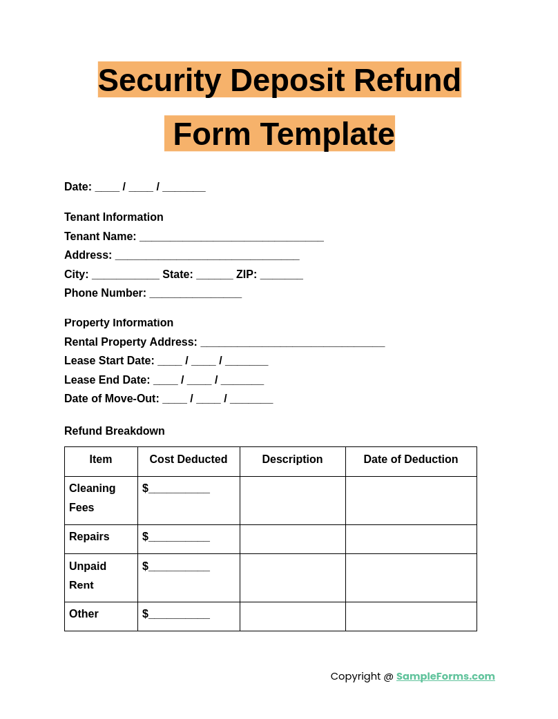 security deposit refund form template