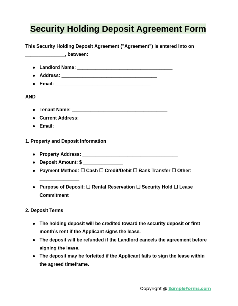 security holding deposit agreement form