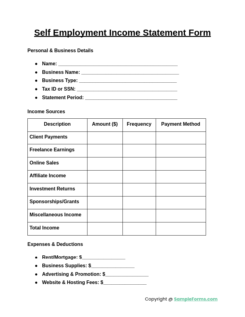 self employment income statement form