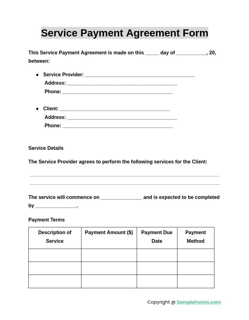 service payment agreement form