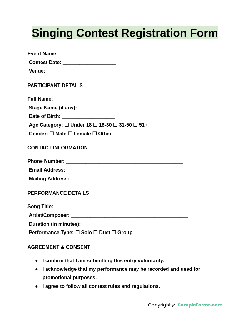 singing contest registration form