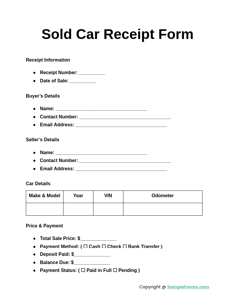 sold car receipt form