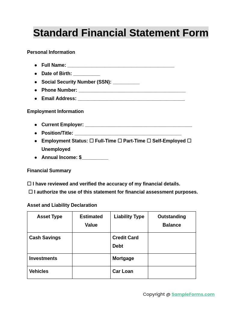 standard financial statement form