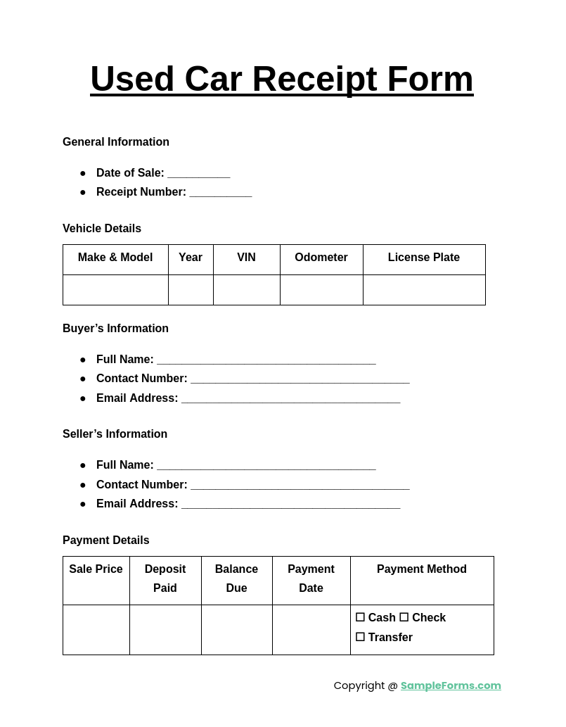 used car receipt form