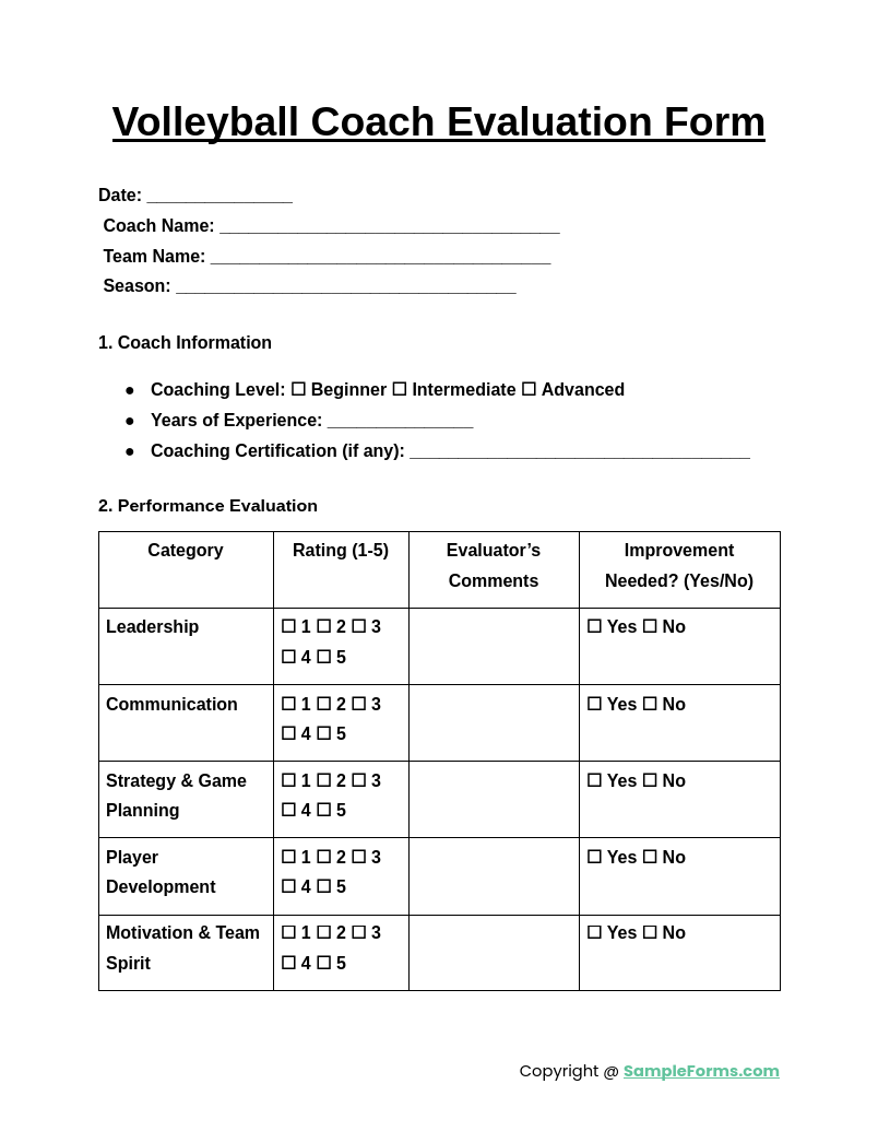 volleyball coach evaluation form