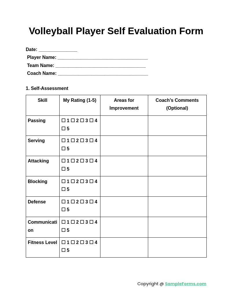 volleyball player self evaluation form