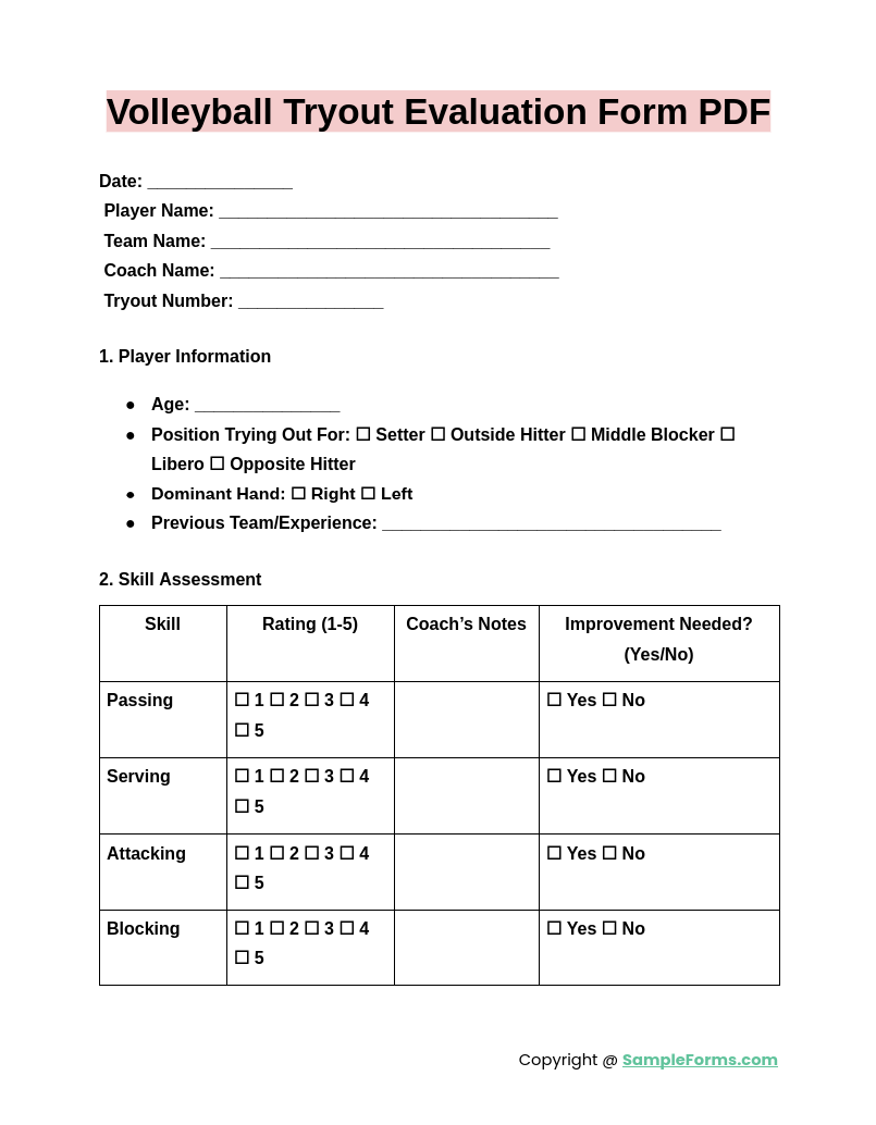 volleyball tryout evaluation form pdf