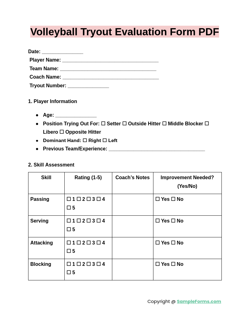 FREE 12  Volleyball Evaluation Form Samples PDF MS Word Google Docs