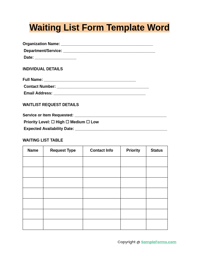 waiting list form template word