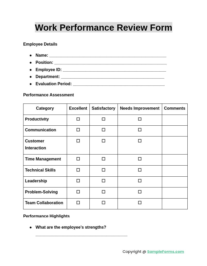 work performance review form